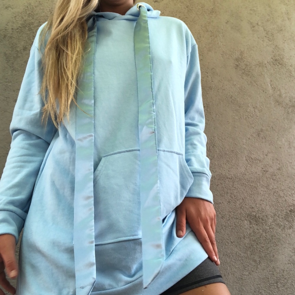 Baby blue sweater dress w satin ribbon drawstrings